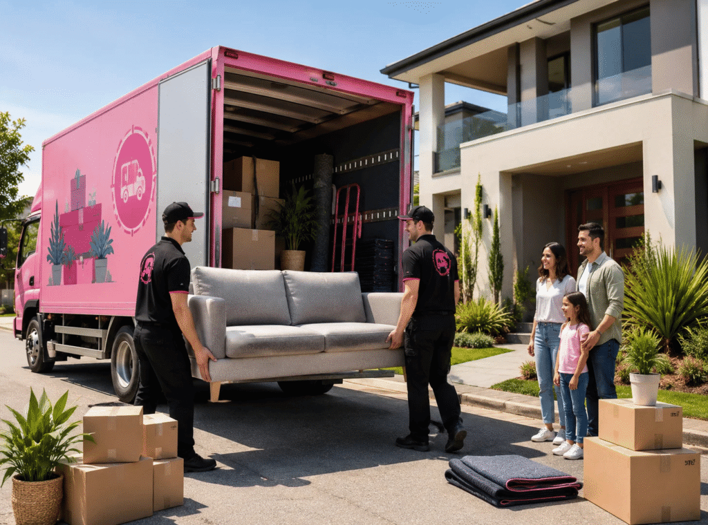 Two movers in black uniforms carrying a light grey sofa from a bright pink moving truck, watched by a smiling family outside a modern home.