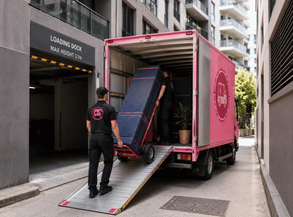 Two movers in black uniforms pushing a tall, blanket-wrapped item on a hand truck up a metal ramp into the back of a bright pink moving truck.