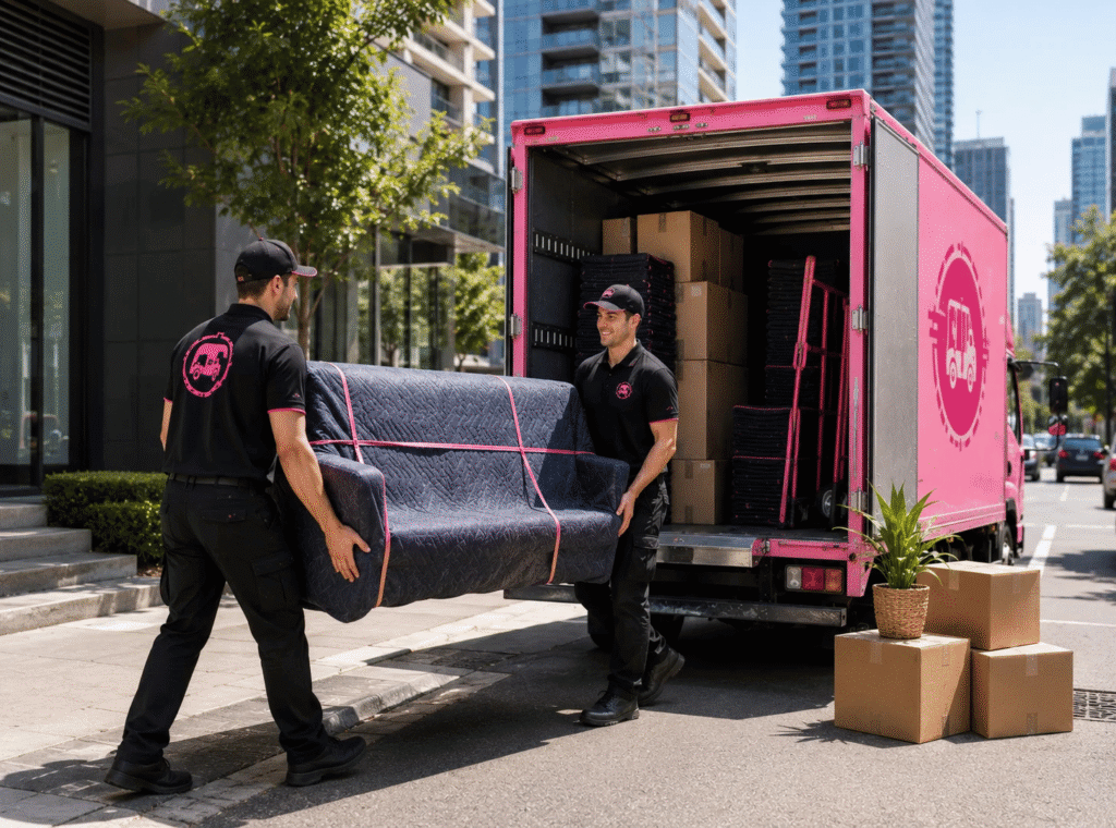 Two movers in black uniforms carrying a wrapped sofa toward the open back of a bright pink moving truck on a city street.