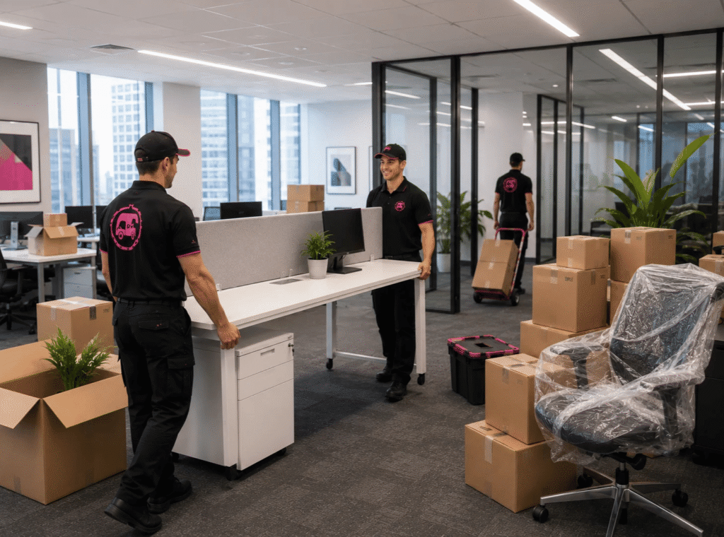 The Pink Truck Removalist crew moves office furniture through a bright workspace with stacked boxes and wrapped chairs.