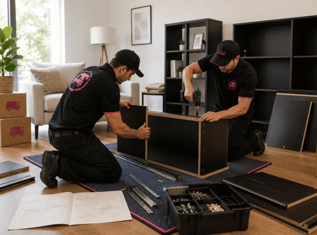 Two movers in black uniforms with pink trim assemble flat-pack furniture in a bright living room with tools and instructions spread out.