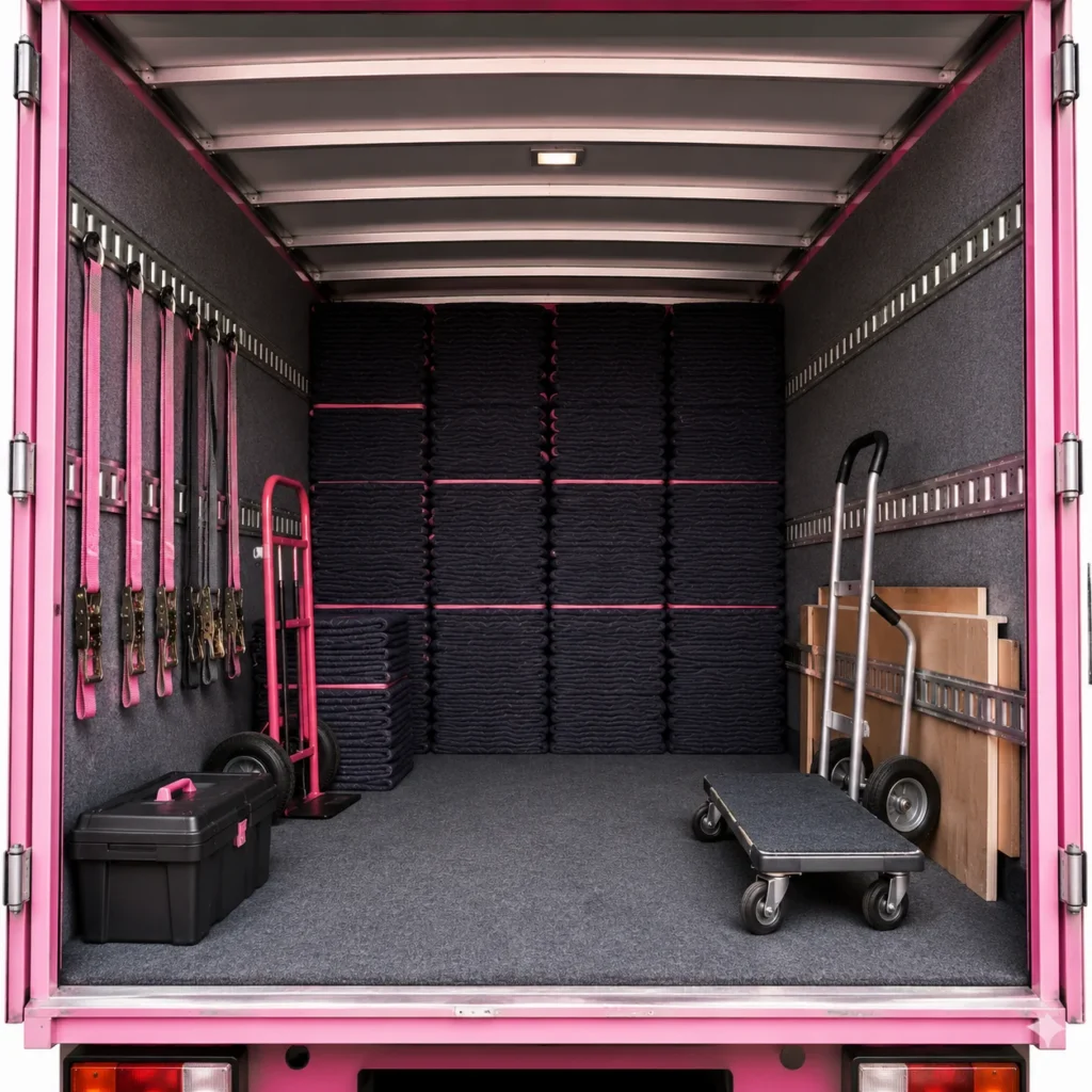 Interior view of an empty moving truck cargo space, equipped with wooden tie-down rails along the walls and a heavy-duty hand truck in the corner.