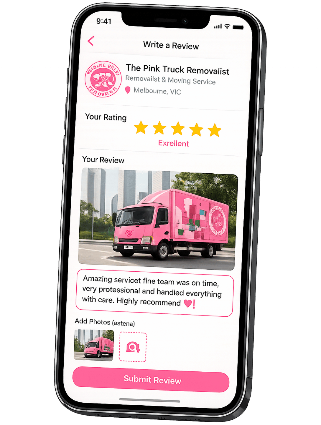 A hand holding a smartphone, displaying a moving company review page featuring a five-star rating and a bright pink moving truck.